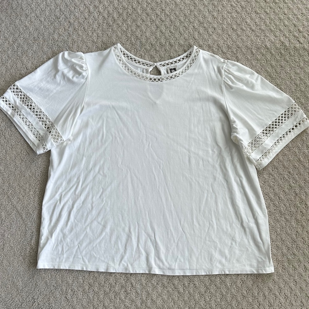 Anne Klein Harmony Knit Lace Trim Elbow Sleeve T-Shirt White Size 2X Casual - Picture 4 of 13